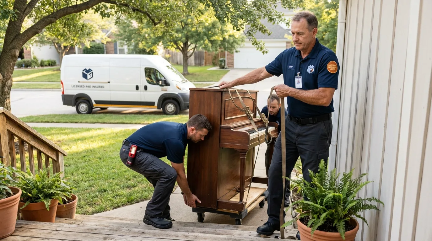 Licensed piano movers securing grand piano in Mazomanie, WI