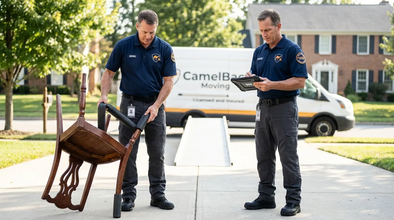 Movers inspecting furniture for damage prevention before loading in Mazomanie, WI