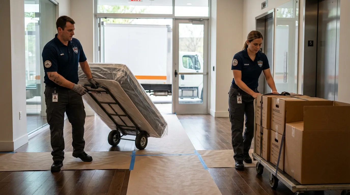 Professional apartment movers loading elevator in Mazomanie, WI