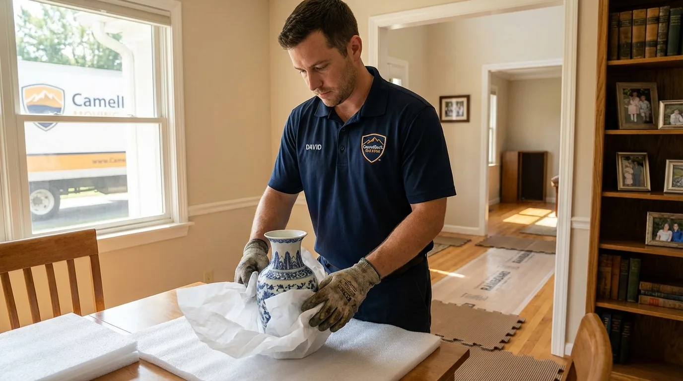 Professional crew carefully wrapping antique vase for senior downsizing move in Mazomanie, WI