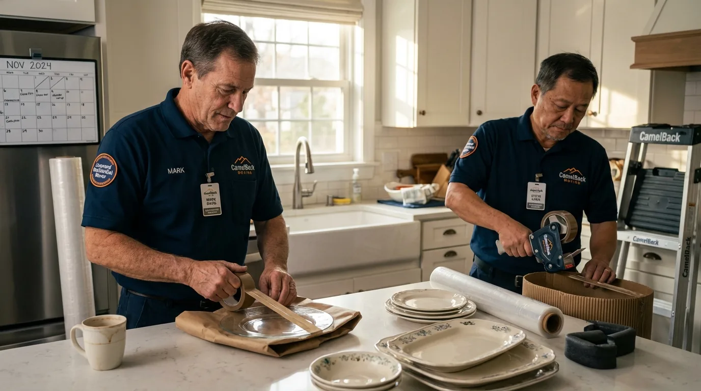 Professional crew packing kitchen dishware in Mazomanie, WI